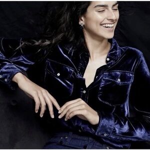 J Crew Womens 0 LUXE Velvet Long Sleeve Button Up Shirt Holiday Navy Blue